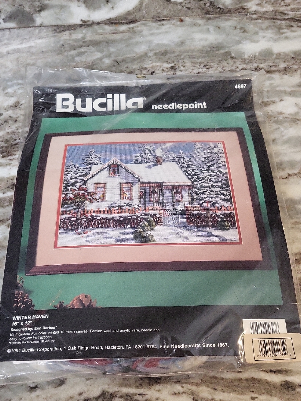 Bucilla Needlepoint Kit with Green and Black Packaging Featuring Snowy Cottage